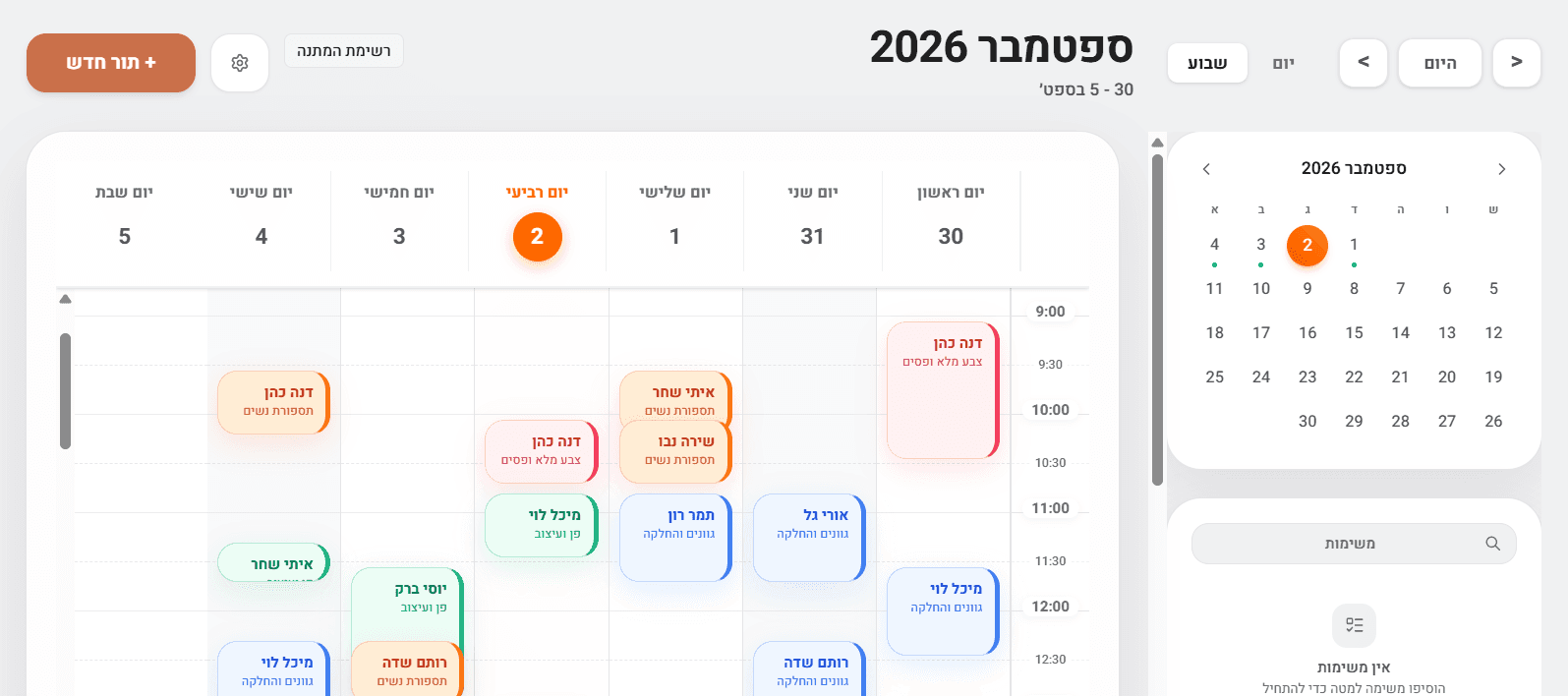 יומן שבועי, ובו תורים בשעות שונות לאורך שישה ימים, כל תור בצבע השירות שלו ועם שם הלקוח